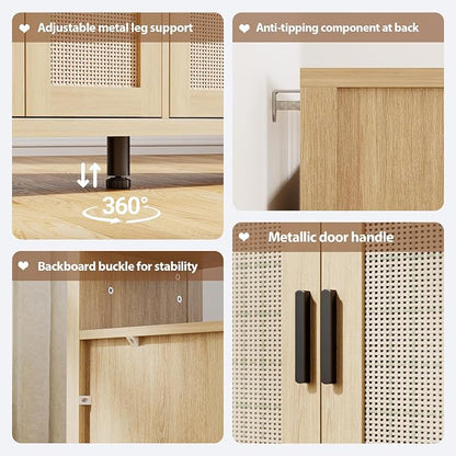Rattan Buffet Cabinet with Storage, Sideboard with Doors, Console Table, Farmhouse Coffee Bar, Modern Wood Storage Cabinets(Oak 2.0)
