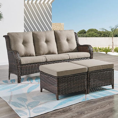 Rilyson Wicker Outdoor Patio Sofa with Ottoman, Large 3 Seater Wicker Patio Couch with 4in Replaceable Seat Cushions and Deep Seating, All Weather for Backyard, Garden, Poolside (Brown/Grey)
