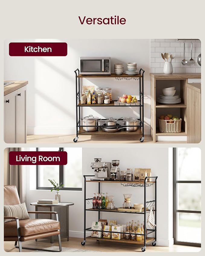 VASAGLE 3-Tier Bar Cart, Steel Serving Cart on Wheels with Wine Rack and Glass Holder, 33.3 x 15.7 x 33.7 Inches, Rustic Brown and Black, for Kitchen and Living Room, Barnet Collection ULRC210K101