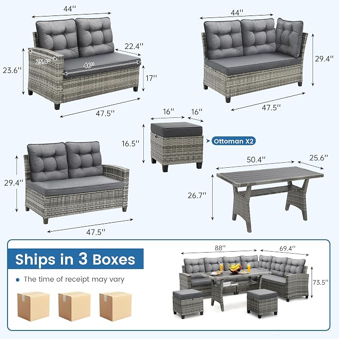 KROFEM 6-Piece Patio Furniture Set, Outdoor Sectional Sofa with Dining Table & Chairs, All-Weather Dining Set with Removable Cushion Covers, Ideal for Garden, Porch, Backyard, Grey