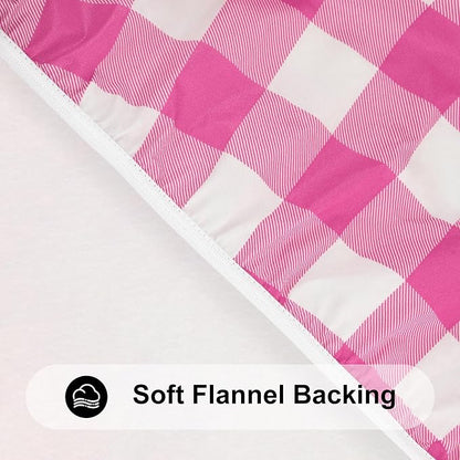 Smiry Rectangle Picnic Table Cloth, Elastic Waterproof Fitted Vinyl Tablecloths, Flannel Backed Buffalo Plaid Table Covers for Dining, Camping, Outdoor (Hot Pink and White, 30" x 96")