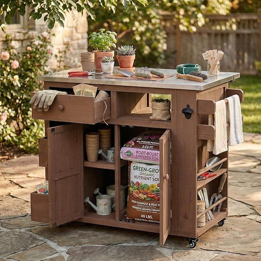 Outdoor Kitchen Island with Stainless Steel Top, Extendable Solid Wood Grill Cart on Wheels, Mobile BBQ Prep Table with Storage Cabinet and Spice Rack for Patio Backyard,
