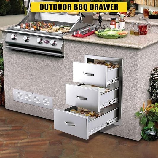 GarveeLife Outdoor Kitchen Drawers 15.7 in Wx 21.6 in H x 17.7 in D Triple BBQ Drawers Stainless Steel Built-in Drawer, Flush Mount BBQ Drawers for BBQ Island or Grill Station, Silver