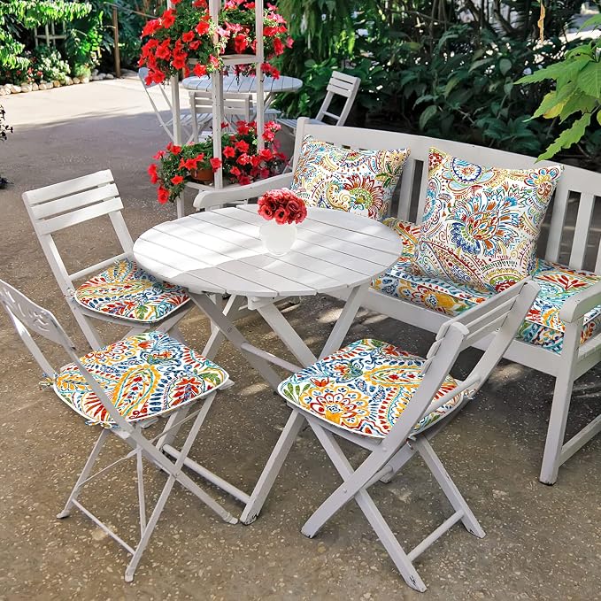 DYTXIII Set of 4 Outdoor Chair Cushions with Ties,Water Repellent Patio Chair Pads 17"x 16" for Outdoor Furniture,Round Corner Seat Cushions for Garden Yard Kitchen Paisley Multi