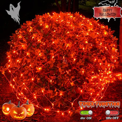 QITONG 360 LED Orange Christmas Net Light Outdoor, 12ft x 5ft Net Lights Outdoor Mesh Lights with 8 Modes, Clear Wire Thanksgiving Bush Light Plug in