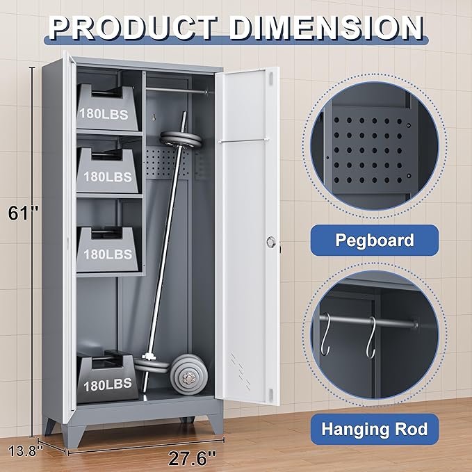 61" Broom Storage Cabinet, Cleaning Tool Storage Cabinet, Garage Utility Storage, Metal Broom Closet for Home, Garage, Utility Room, Hanging Rod (Gray White, Door-2)