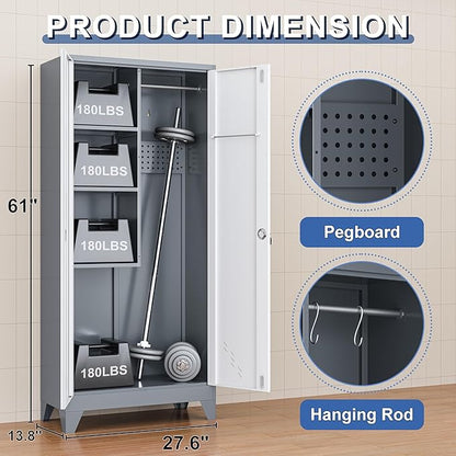 61" Broom Storage Cabinet, Cleaning Tool Storage Cabinet, Garage Utility Storage, Metal Broom Closet for Home, Garage, Utility Room, Hanging Rod (Gray White, Door-2)
