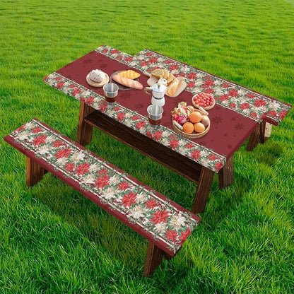 Christmas Red Flowers Outdoor Picnic Table Cover Decorations 3 PCS Set Fitted for Camping