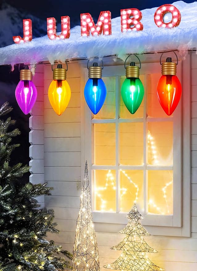 Brightown 4 Pack Jumbo C9 Christmas Pathway Lights Outdoor Decorations Lawn with Stakes,Total 34Ft 20 LED String Lights Covered Jumbo Multicolored Walkway Light Bulb for Holiday Outside Yard Decor
