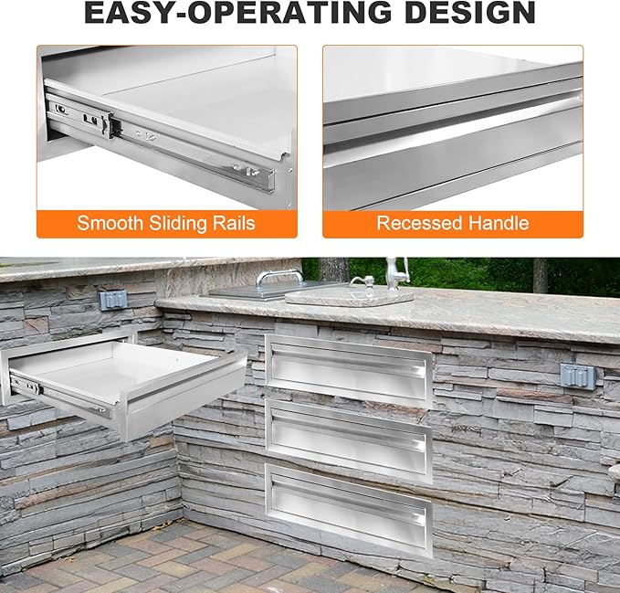 PioneerWorks 24" W x 6.5" H x 23" D Outdoor Kitchen Drawers, 3-Layer Outdoor Kitchen Access Drawer, Stainless Steel Built-in BBQ Drawer for Outdoor Kitchen Island, Patio Grill Station