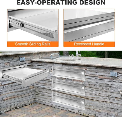 PioneerWorks 24" W x 6.5" H x 23" D Outdoor Kitchen Drawers, 3-Layer Outdoor Kitchen Access Drawer, Stainless Steel Built-in BBQ Drawer for Outdoor Kitchen Island, Patio Grill Station