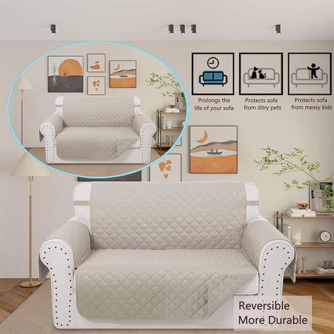Reversible 45" Small Loveseat Sofa Covers, Beige/Beige | Loveseat Covers for Dogs Water Repellent, Friendly Furniture Protector with Elastic Straps for Living Room
