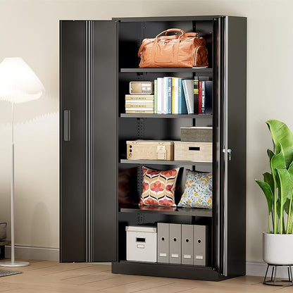 Greenvelly Metal Cabinet, 72" Black Locking Metal Storage Cabinet with 2 Doors and 4 Adjustable Shelves, Lockable Garage Storage Cabinets for Home Office, Garage, Kitchen, Living Room