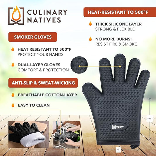 Ultimate 5-Piece BBQ Gift Kit | Smoker Gloves, Meat Claws, Instant-Read Thermometer, Timer & Brush | No.1 Heatproof Silicone Smoker Mitts & Pulled Pork Claws for Barbecue, Grilling, Smoking, Shredding