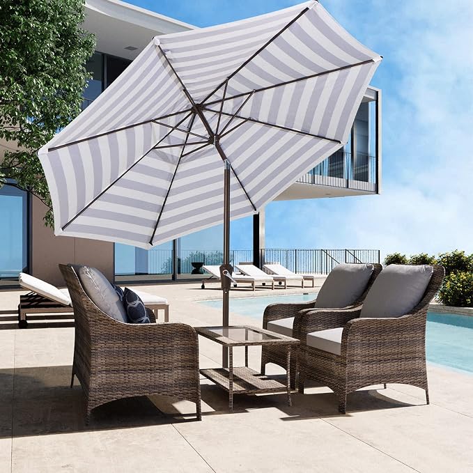 JEAREY 9FT Outdoor Patio Umbrella, Market Umbrella, Blue-white Stripe | Outdoor Table Umbrellas with 8 Sturdy， Tilt & Crank UV Protection Waterproof for Garden, Deck, Backyard, Pool