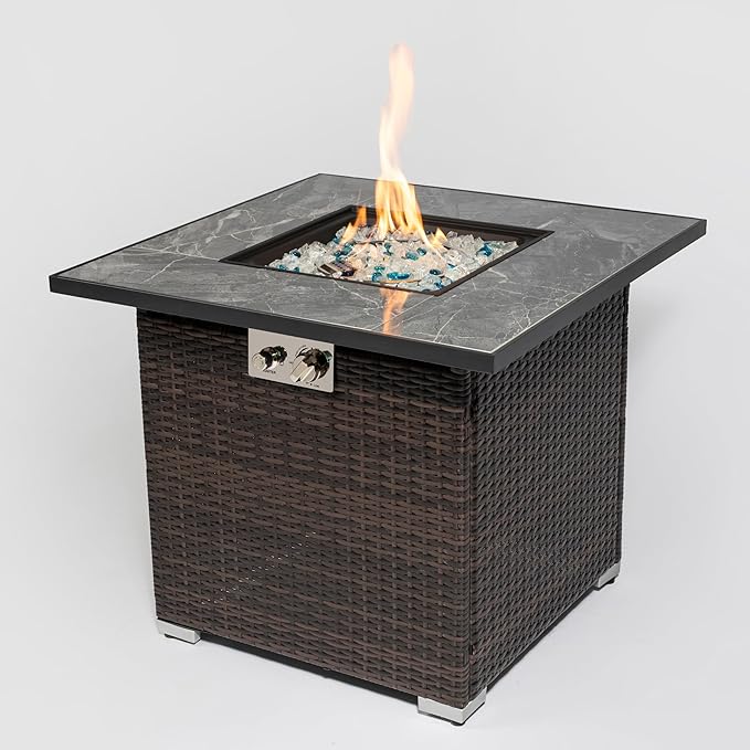 KEIKI 30 Inch Square Gas Fire Pit, Wicker Outdoor Fire Table with Ceramic Top, 50000 BTU Propane Heating for Backyard Courtyard