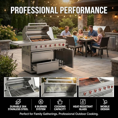 46" Stainless Steel Outdoor Kitchen BBQ Island Grill with LPG Silver | Stainless Steel Outdoor Kitchen Island, 6-Burner 75300 BTU Propane Gas BBQ Grill
