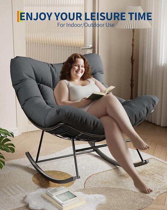 GarveeLife Outdoor Papasan Rocking Chair, Oversized Rocking Chair with Sturdy Metal Frame, Patio Egg Rocker for Balcony Backyard Porch Bedroom, Grey