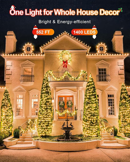 552FT 1400LED Warm White Christmas Lights Outdoor, Extra Long Outdoor String Lights Waterproof, Timer & Memory, 8 Modes Dimmable Plug in Fairy for Outside Tree Wedding Patry
