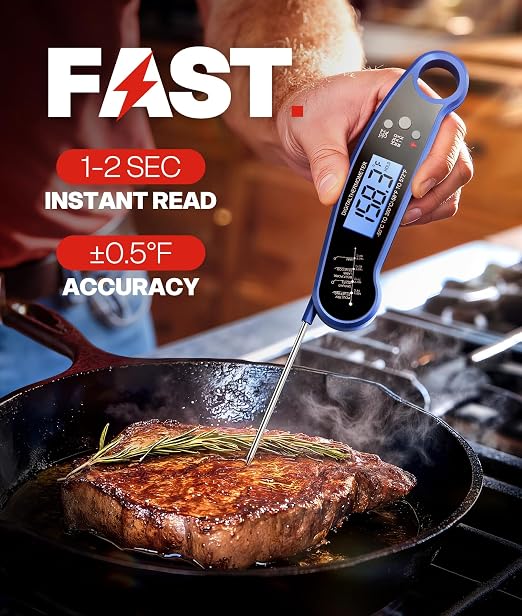 Digital Meat Thermometer, Instant Read Food Thermometer for Cooking, Blue | Fast Response, Waterproof, Backlit Display for Grilling, Air Fryer, Smoker, Kitchen Gadgets, Gift for Dad Men
