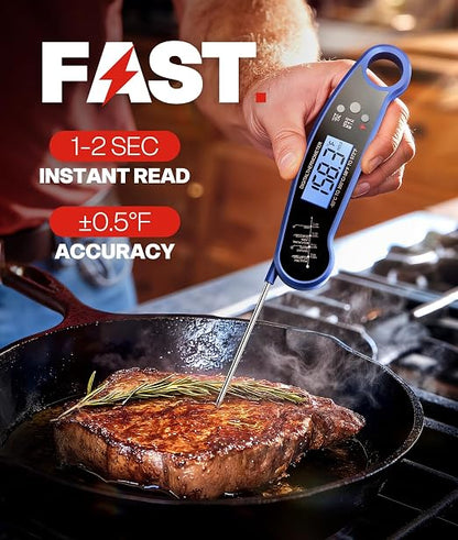 Digital Meat Thermometer, Instant Read Food Thermometer for Cooking, Blue | Fast Response, Waterproof, Backlit Display for Grilling, Air Fryer, Smoker, Kitchen Gadgets, Gift for Dad Men