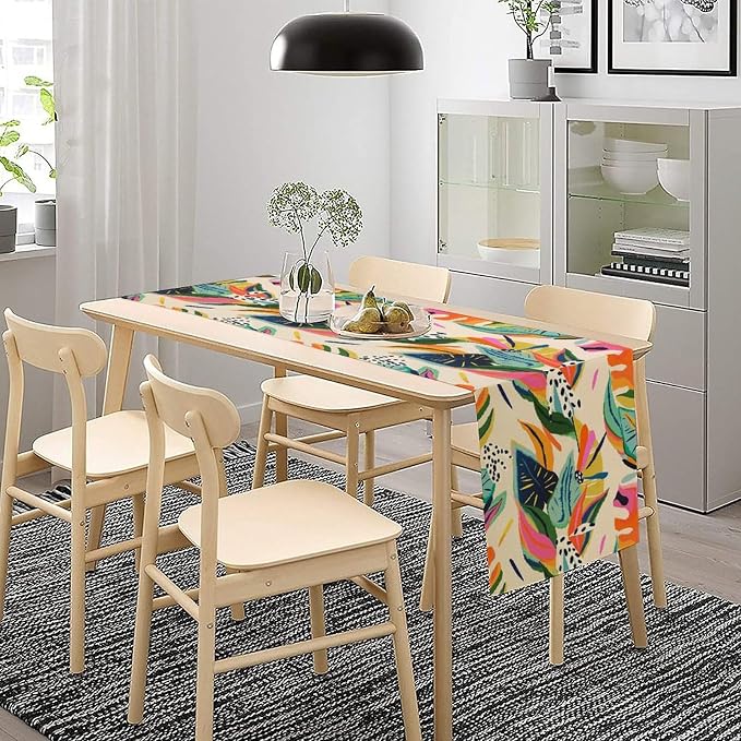 Abstract Tropical Leaves Table Runner Modern Exotic Flower Botanical Jungle Plam Tree Hawaii Plant Summer Seasonal Dinner Runner for Farmhouse Kitchen Dining Holiday Party 13x36in
