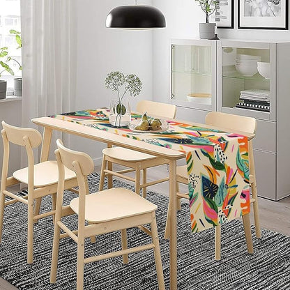 Abstract Tropical Leaves Table Runner Modern Exotic Flower Botanical Jungle Plam Tree Hawaii Plant Summer Seasonal Dinner Runner for Farmhouse Kitchen Dining Holiday Party 13x36in