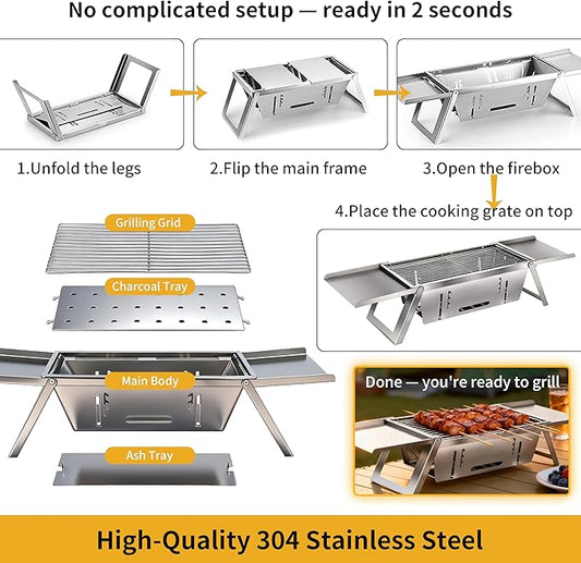 Small Portable Charcoal BBQ Grill, Made of Stainless Steel,Foldable and 2-Second Setup, Includes Fireproof Mat and Gloves, Mini Barbecue Hibachi Grill for 3-4 People Camping,Hiking and Picnic