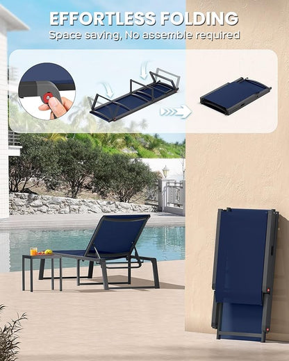 Aluminum Chaise Lounge Chair Outdoor, Foldable & Assembly Free Patio Pool Lounge Chairs 5-Position Recliner for Poolside, Fully Grounded Legs Sun Lounger, Navy Blue
