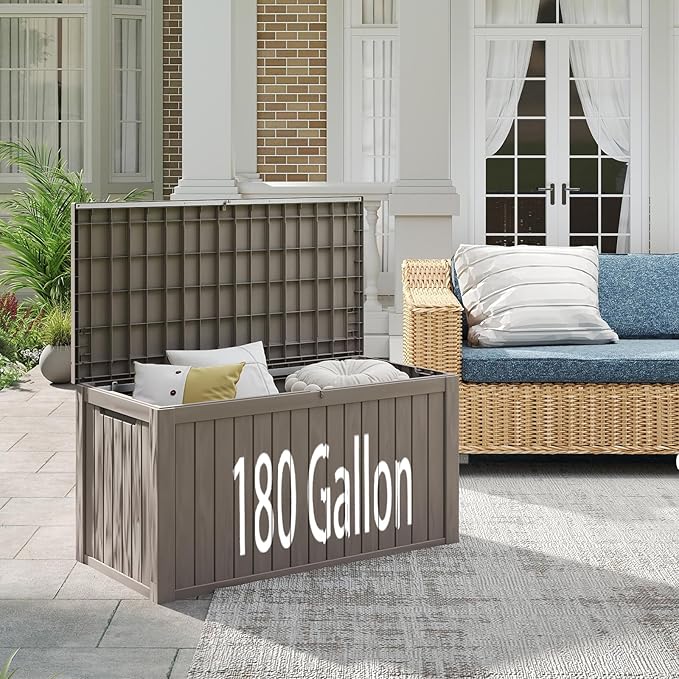 FEFLO 180 Gallon Waterproof Resin Outdoor Storage Box, Lockable & UV Resistant Patio Deck Boxes, Outside Storage for Patio Cushions, Pool Toys, Garden Tools & Package Delivery, Brown