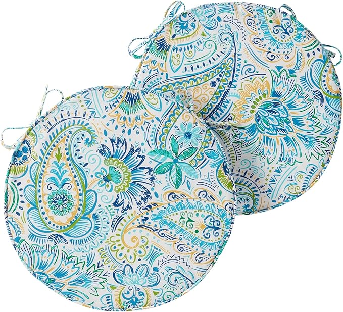 Set of 2 Outdoor 18 inch Round Patio Dining Chair Pads – Comfortable Fiber-Filled Seat Cushions with Ties, Reversible Polyester Fabric - Baltic Paisley