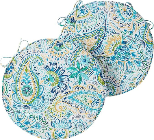 Set of 2 Outdoor 18 inch Round Patio Dining Chair Pads – Comfortable Fiber-Filled Seat Cushions with Ties, Reversible Polyester Fabric - Baltic Paisley