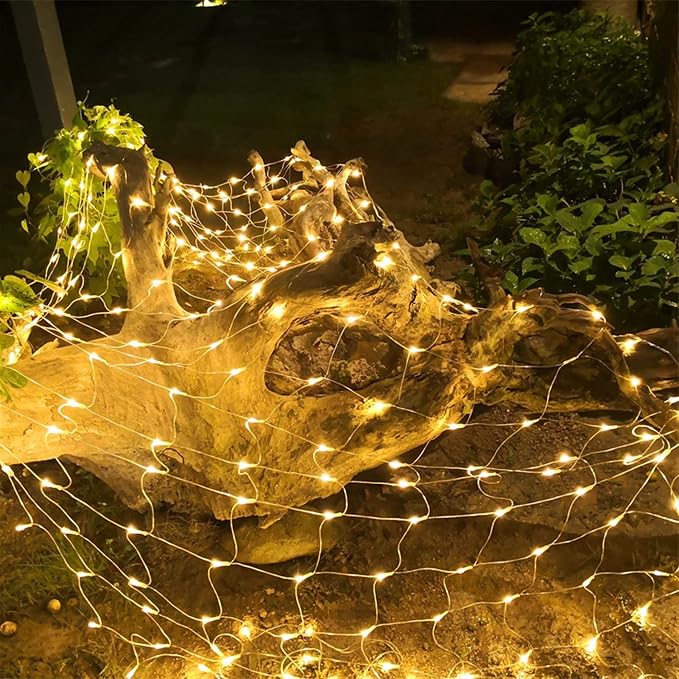 LJLNION Christmas Net Lights, 360 LED 12ft x 5ft Connectable Mesh Fairy String Lights,8 Modes Low Voltage Safe Adaptor for Xmas Trees, Bushes, Wedding, Outdoor Garden Decorations, Warm White