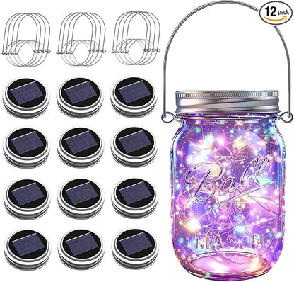 Solar Mason Jar Lights, 12 Pack 30 LED(NO Jars) Firefly Fairy String Lights, Waterproof Outdoor Solar Mason Jar Lid Lights with Hangers for Patio Garden Yard Wedding Decoration - Multicolor