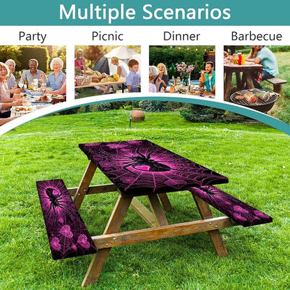 Picnic Table Cover with Bench Covers, Camping Essentials, Spider Web Outdoor Camping Table Cover Waterproof Camping Tablecloth with Elastic Edges Fitted Rectangle Tables and Seats, 3PCS, 30x60 Inch