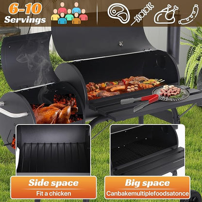 43" Barrel Charcoal Grill, Portable Grills BBQ Pit with Offset Smoker & Wheels Large Grilling Space for Outdoor Backyard, Patio and Parties, Black