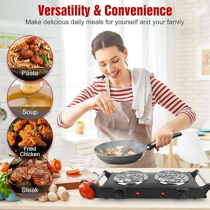 2000W Hot Plate,Portable Electric Stove Countertop Double Coil Burners W/5 Level Temperature Control & Stay Cool Handles, Easy to Clean, Lightweight Cast Iron Electric Stove for RV/Home/Camp 110V