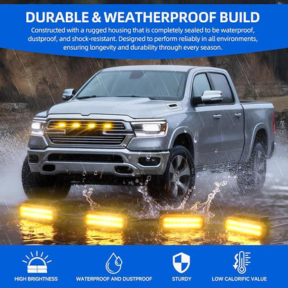 DREAMOTOR 4PCS LED Grille Lights Universal Clip-On Front Amber Grill Lights | with Wiring Harness & Fuse, Compatible With Dodge Ram 1500 Ford F150 GMC Sierra 1500 Chevy Silverado Raptor Toyota