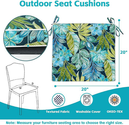COZYVIDA Outdoor Chair Cushions Set of 4, 20"x20" Square Seat Pads with Tie Straps and YKK Zippers, 30D High-Density Foam, Water-Resistant Fabric,UV-Resistant 1000+ Hrs