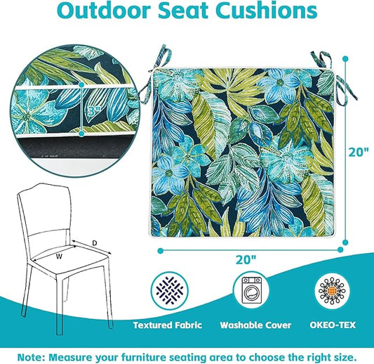 COZYVIDA Outdoor Chair Cushions Set of 4, 20"x20" Square Seat Pads with Tie Straps and YKK Zippers, 30D High-Density Foam, Water-Resistant Fabric,UV-Resistant 1000+ Hrs