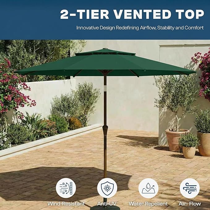 Patio Umbrella, 2 Tier Outdoor Table Umbrella, Large Vented Market Umbrellas with Push Button Tilt and Crank, 8 Sturdy Ribs for Backyard, Deck, Pool, UPF50+ UV Protection