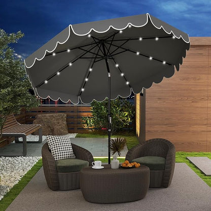 Tangkula 9 FT Solar Patio Umbrella, 2-Tiers Scalloped Outdoor Table Market Umbrella with 32 LED Lights, Vented Top, Tilt Adjustment, Crank, 8 Ribs for Backyard Poolside Deck Beach Lawn (Gray)