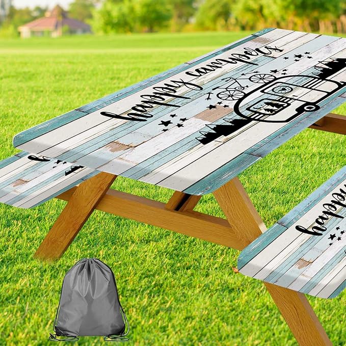 JAWO Camper Picnic Table Cover with Bench Covers 3 Piece Set, Vintage Wooden Camper Pine Tree Camping Elastic Fitted Picnic Tablecloth Outdoor Camping Patio Picnic Table, 30X60 inch