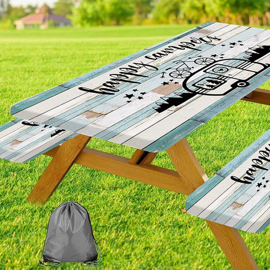 JAWO Camper Picnic Table Cover with Bench Covers 3 Piece Set, Vintage Wooden Camper Pine Tree Camping Elastic Fitted Picnic Tablecloth Outdoor Camping Patio Picnic Table, 30X72 inch