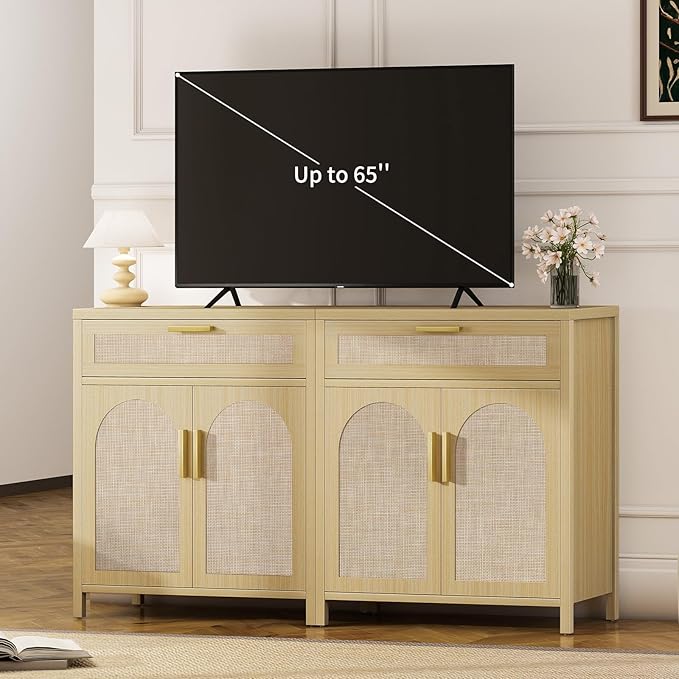 Rattan Buffet Cabinet with Storage, Sideboard Cabinet with Doors and Shelves, Accent Coffee Bar with Drawers, Farmhouse Kitchen Storage Cabinets, credenza for Entryway, Living Room Natural