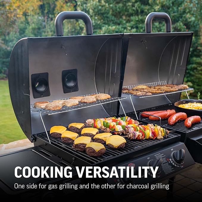 Char-Griller® Texas Trio 3-Burner Gas & Charcoal Grill and Smoker, Push Button to Ignite, Dual temperature Guages, Side Burner, Includes Side Firebox, 1,390 Cooking Square Inches, Black, Model# 3070