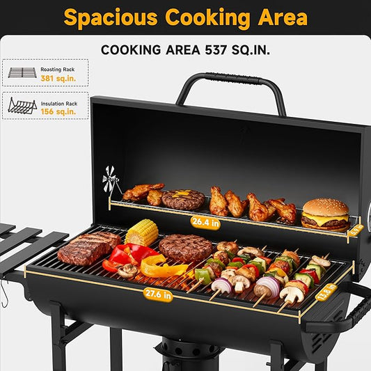 29" Barrel Charcoal Grill, Spacious Smoker Barrel Barbecue Grill with Side Front Table, Outdoor Barbecue Grills for Backyard, Camping, and Picnics, Black