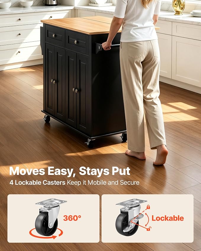 VEVOR Kitchen Island Cart with Storage, 43.58 in Wide Mobile Rolling Storage Island on Swivel Wheels, with 2 Drawers, Storage Cabinet, Drop Leaf, Spice/Towel Rack, Table for Home Dining Room, Black | Home Dining Meal Prep Station With Spice Towel Rack ...