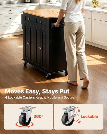 VEVOR Kitchen Island Cart with Storage, 43.58 in Wide Mobile Rolling Storage Island on Swivel Wheels, with 2 Drawers, Storage Cabinet, Drop Leaf, Spice/Towel Rack, Table for Home Dining Room, Black | Home Dining Meal Prep Station With Spice Towel Rack ...
