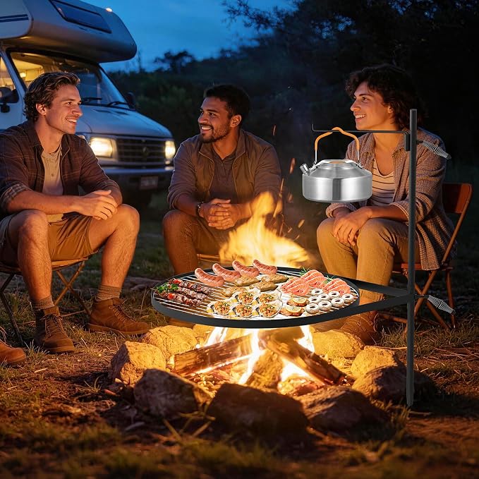 24" Fire Pit Grill w/304 Stainless Steel Grate, Portable Carry Bag | Swivel Grill Grate, 360° Rotatable, Height Adjustable, Easy Setup, Perfect for Hiking, Picnics & Family BBQs